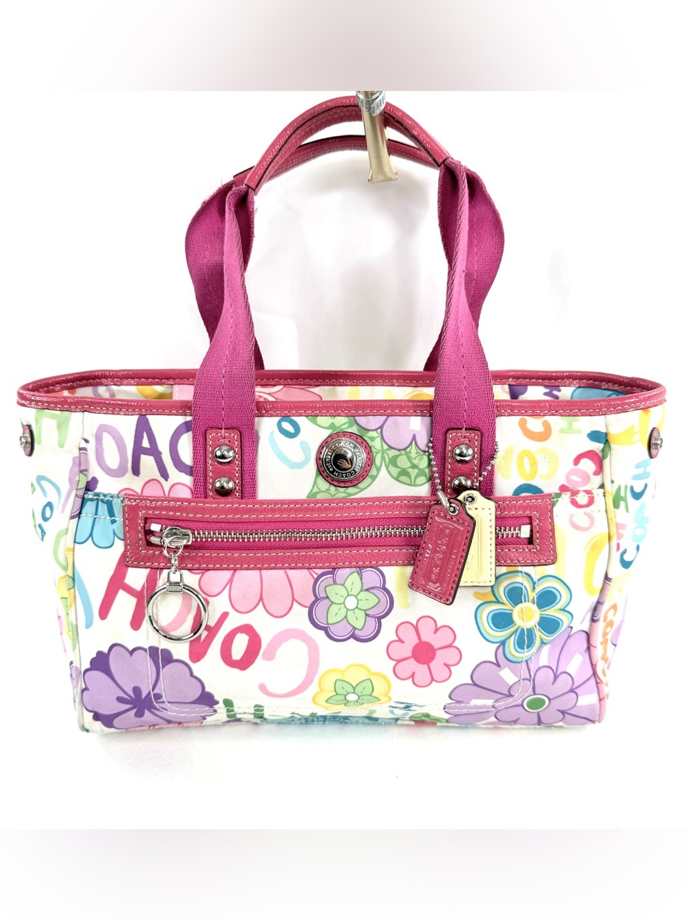Coach F14882 Poppy Daisy Floral Multicolor Canvas Small Shoulder Bag Pink Trim